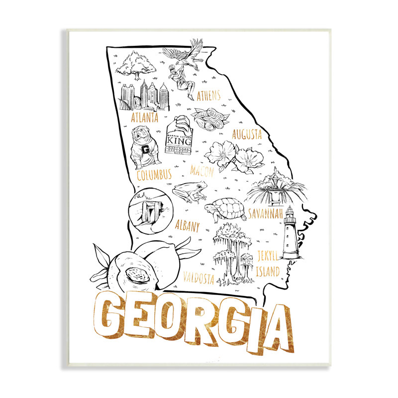 «Georgia Map Landmark Diagram Typographie Design» par Ziwei Li - impression, L 10 po x H 10 po, Plaque murale