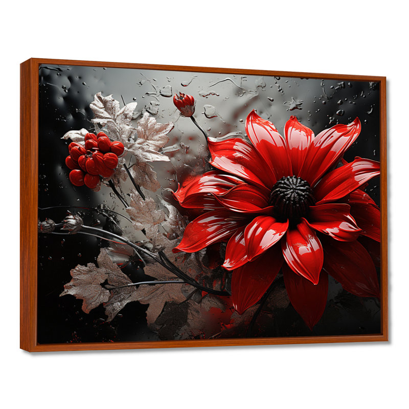 «Red Grey Botanical Symphony II», art mural botanique abstrait, H 30 po x l 40 po x P 1,5 po, Cadre flottant brun