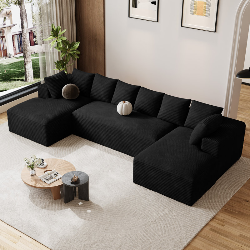 Canapé modulaire surdimensionné avec coussins Adame Boneless Compression, Velours côtelé noir, En form de U, Symétrique