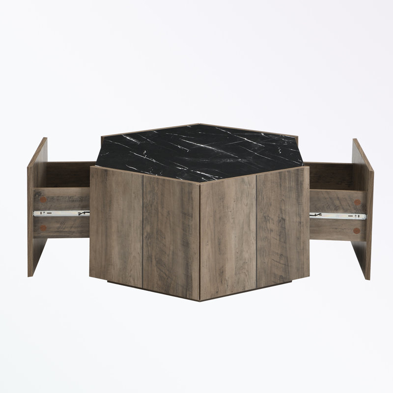 Coffee Table with 2 Hidden Drawers, Black Top/Light Brown Base