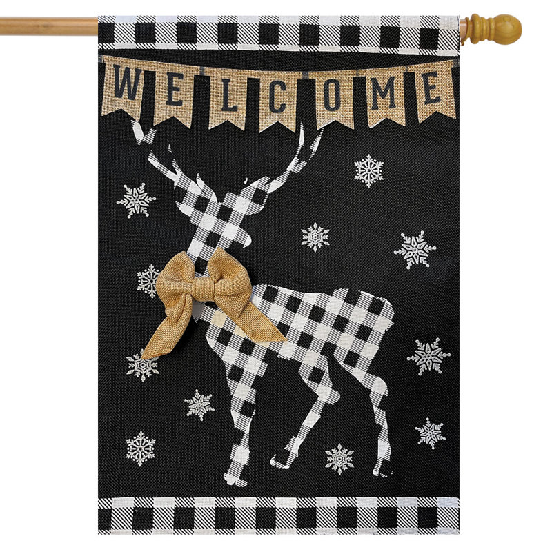 Checkered Deer Burlap Winter House Flag