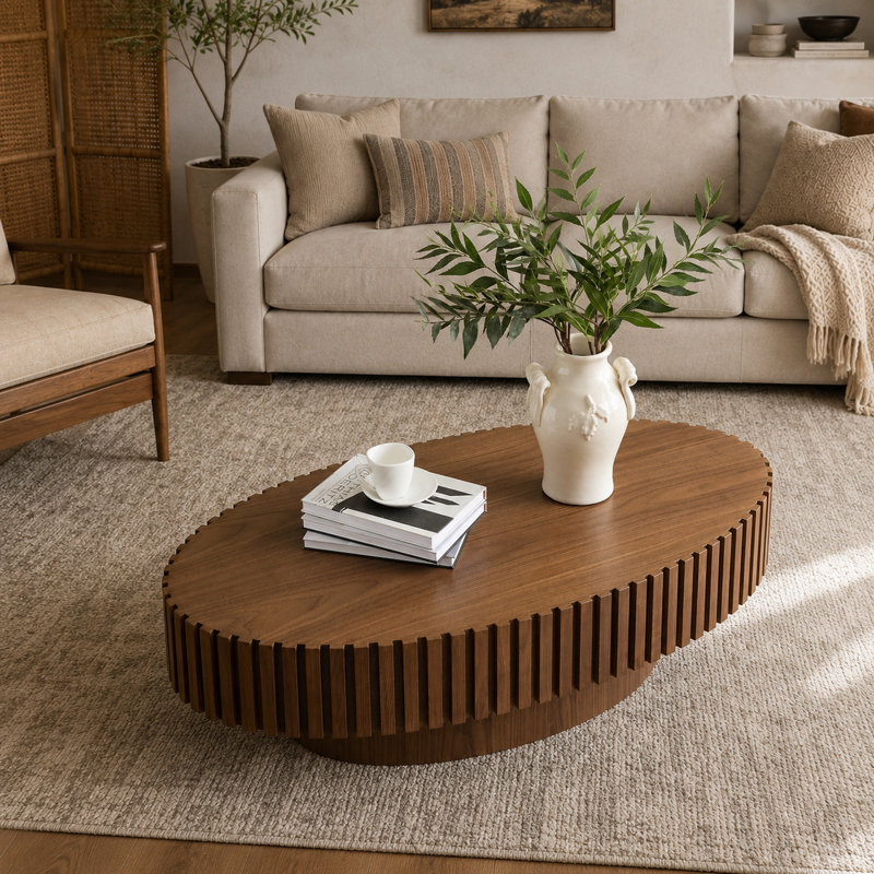Table basse cannelée avec pied central, Noyer