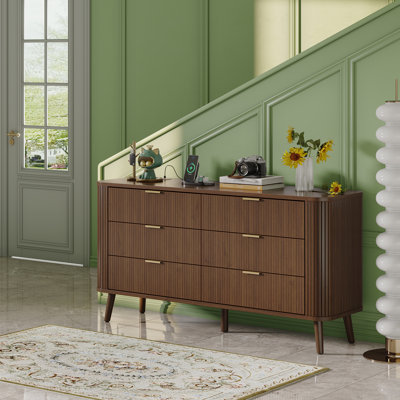 6 Drawer Dresser for Bedroom, Mid Century Modern Dressers, 57" Wide Wood Dresser TV Stand, Curved Profile Design for Closet, Bedroom Living Room, Hallway, Entryway, Home Office