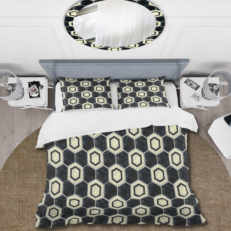 Ensemble de housse de couette noir et blanc Hexagon VI - Mid-Century, Housse de couette très grand + 2 taies décorativ