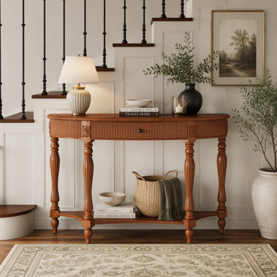 45.3" Solid Wood Half Moon Console Table with Fluted Drawer and Shelf for Entryway