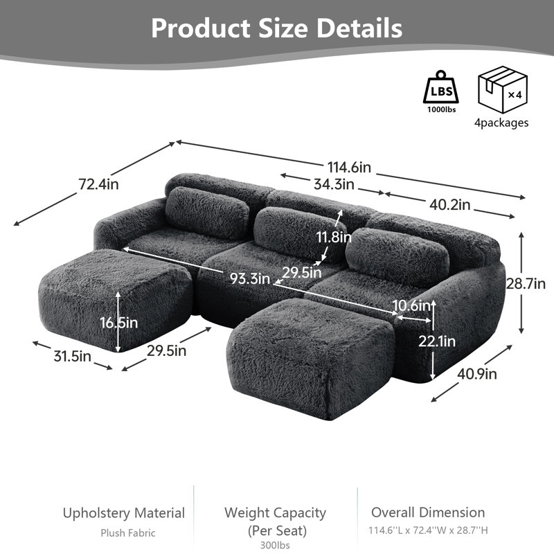 Canapé modulaire en forme de U sans os avec repose-pieds, divan 32 po avec siège en éponge haute densité, tissu moelleux antidérapant, aucun assemblage requis