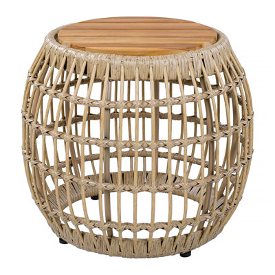 Acacia Wood Outdoor Side Table With Wicker Base - Light Brown, Round 16.15" Outdoor Accent For Patio, Garden, Balcony & Indoor Use