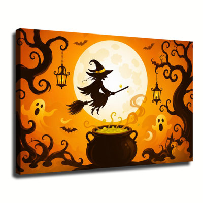 Witch On Broomstick Flying Over Full Moon With Ghosts And Magic Cauldron Halloween Canvas Wall Art, Spooky Holiday Wall Decoration