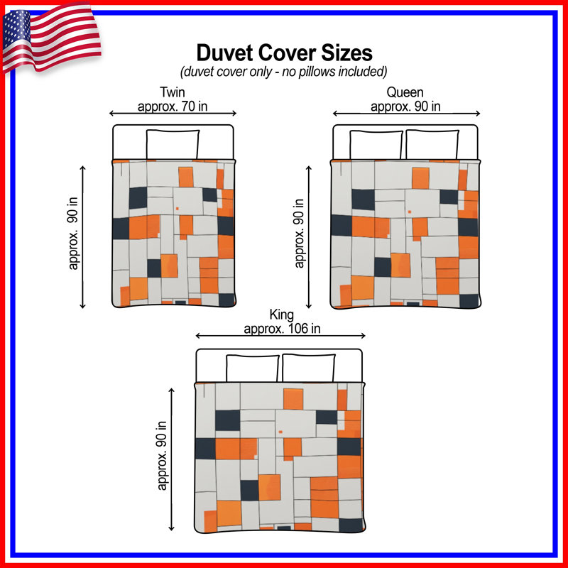 Orange, blanc, noir, grille, housse de couette, Queen
