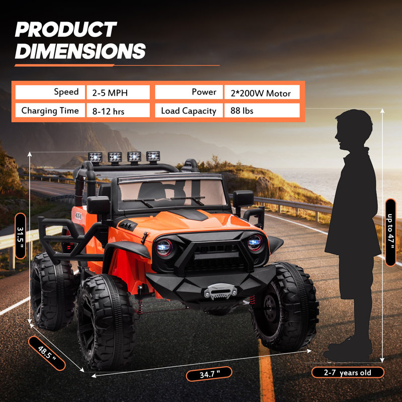 Voiture sur roulettes 24V 9Ah pour les grands enfants, 2 places avec télécommande, Orange