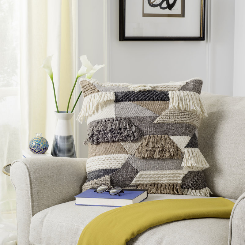 Gray and Ivory Geometric Wool Fringe Throw Pillow