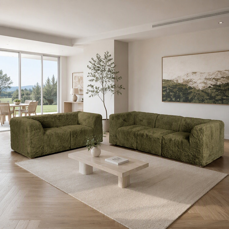Causeuse modulaire de couleur olive en fausse fourrure compressée en mousse haute densité