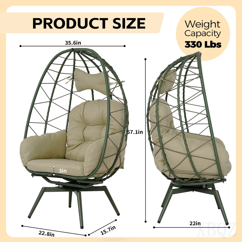Oversized 360° Swivel Rattan Egg Chair Wicker Indoor Outdoor Patio Lounge Chair With Removable Thick Cushions, Dark Green
