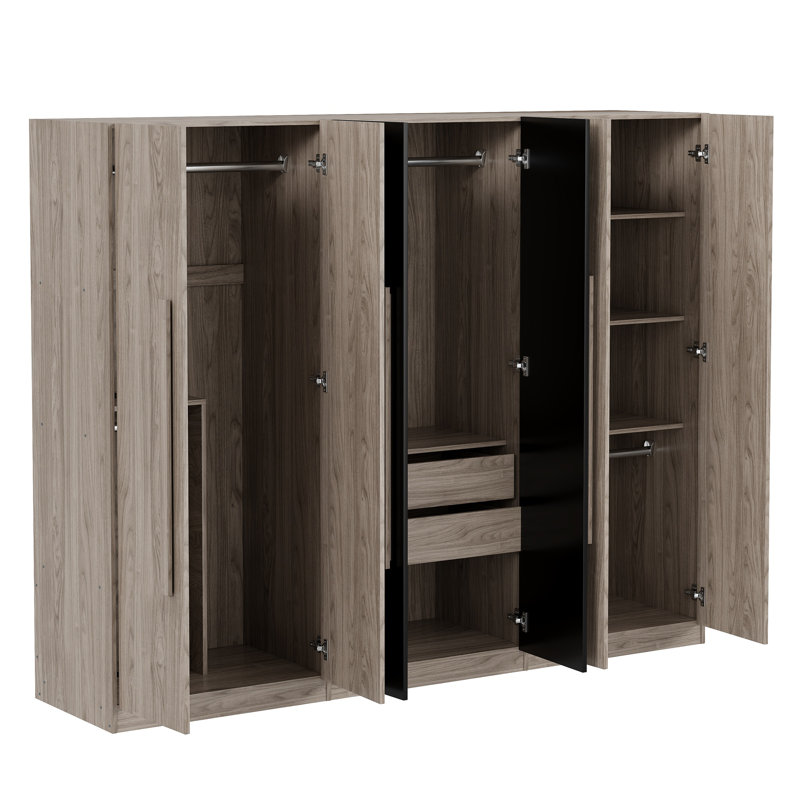 Aathish 6 Doors Armoire with Drawers, Shelves and Hanging Rail, Black/Natural