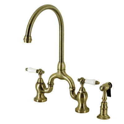 Kingston Brass English Country Two-Handle 3-Hole Deck Mount Bridge Kitchen Faucet with Brass Side Sprayer