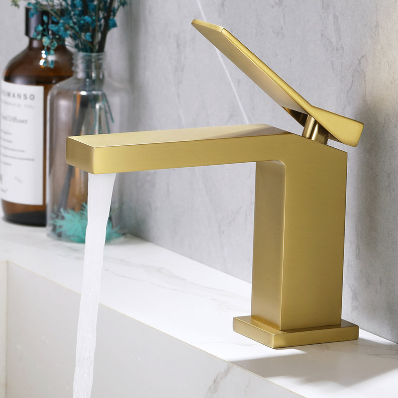 Robinet de lavabo de salle de bain monocorps et monocommande en laiton massif 6 "avec drain, Or brossé, Drainage inclus