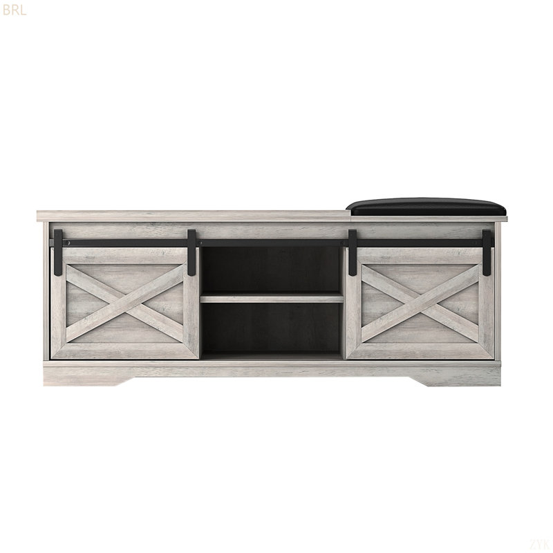 47 Inch Modern Farmhouse Sliding X Barn Door Litterbox Bench With Entry Cutout, Shoe Bench,  Walnut, Gray