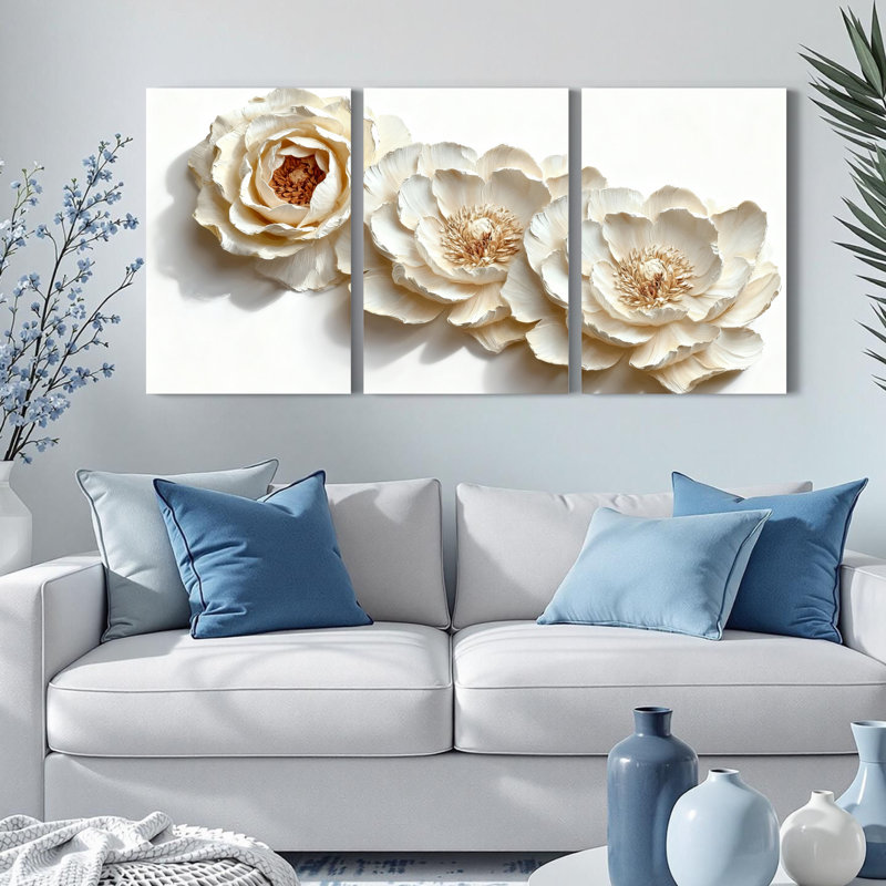 Pivoine blanche, reproduction d'art sur toile tendue sur toile (ensemble de 3), H 24 po x l 48 po