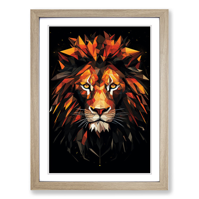 Lion Geometric - Single Picture Frame Print on Wood, Oak Framed, 34cm H x 25cm W x 2cm D