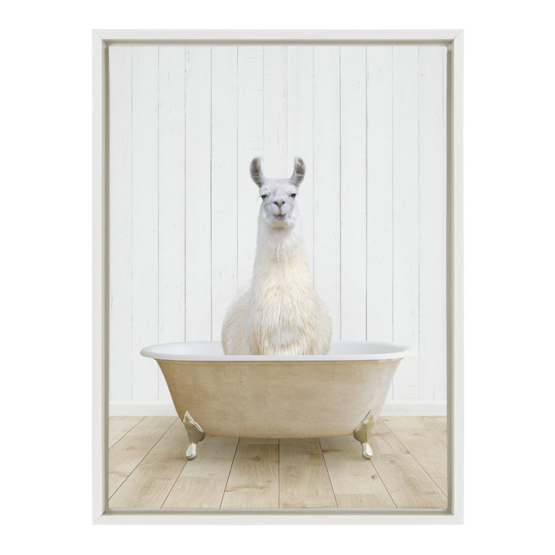 «Llama Farmhouse Bath» par Amy Peterson, reproduction d'art sur toile encadrée, Blanc