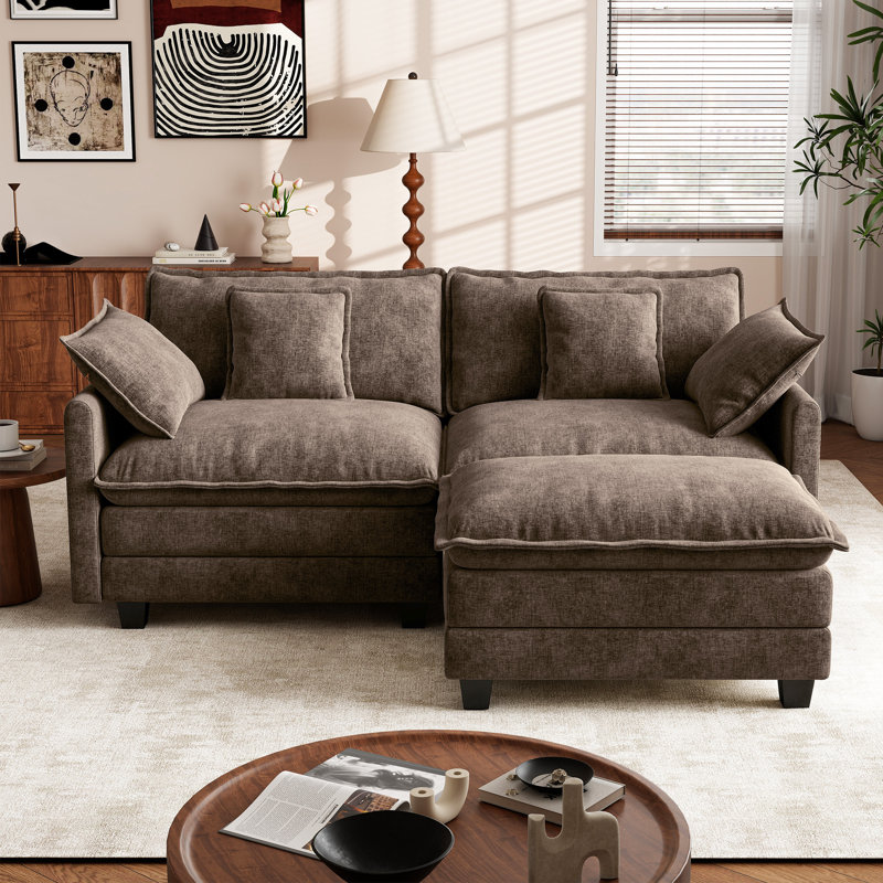 Maney 76.8" Upholstered Chenille L Shaped Sectional Loveseat Sofa with Ottoman, Brown