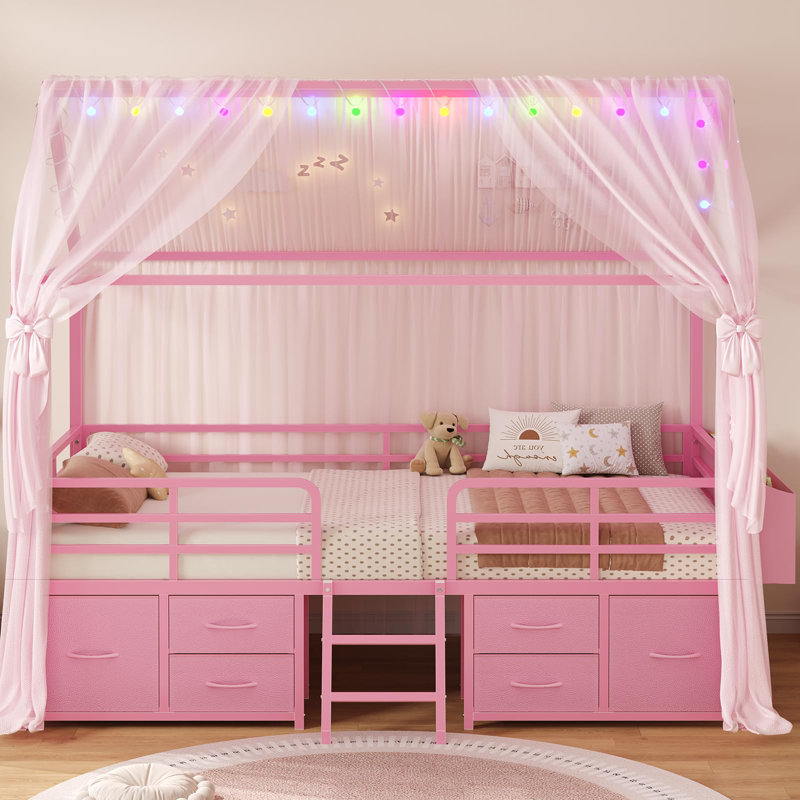 Twin Size Bed Frame With 6 Drawers,house Shape Bed With Globe String Lights-plug In,metal Bed Low Loft Bed With Safety Guardrail,inclined Ladder,no Box Sping Needed,space Saving For Bedroom