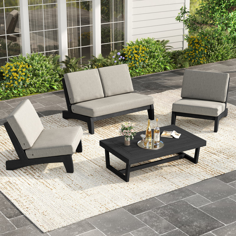 Polett 4-Person Solid Teak Wood Conversation Set, Complete Patio Seating Group with Armless Chair, Loveseat, Coffee Table & Weather-Resistant Cushions