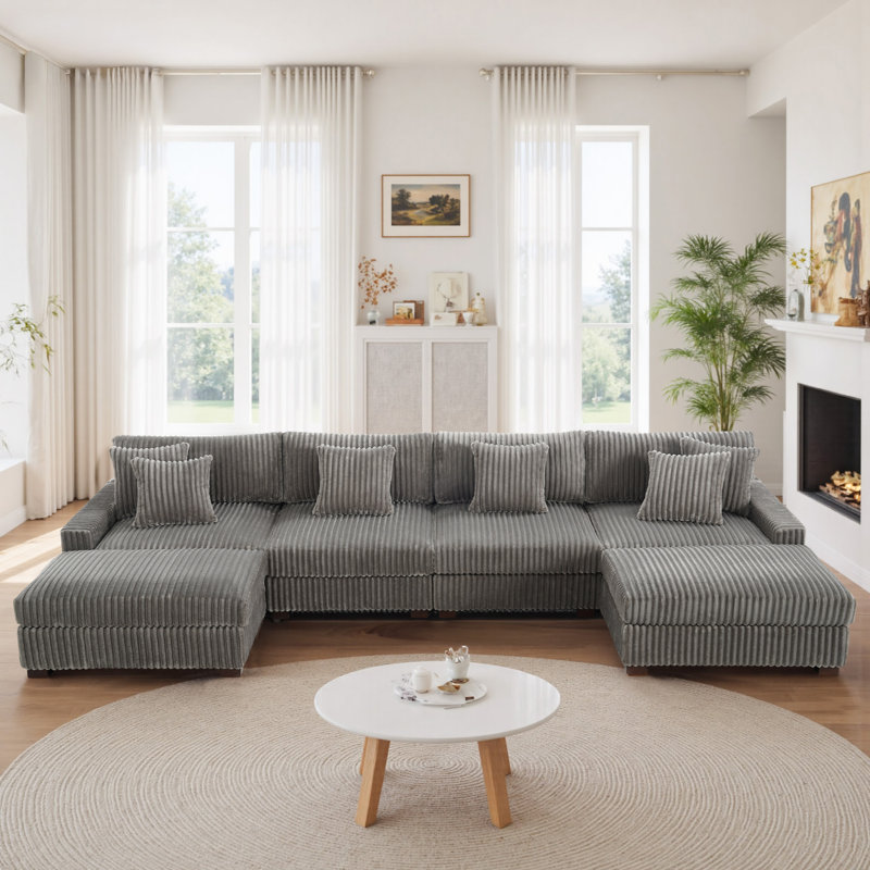 6 Seater Sectional, Light Grey Faux Fur