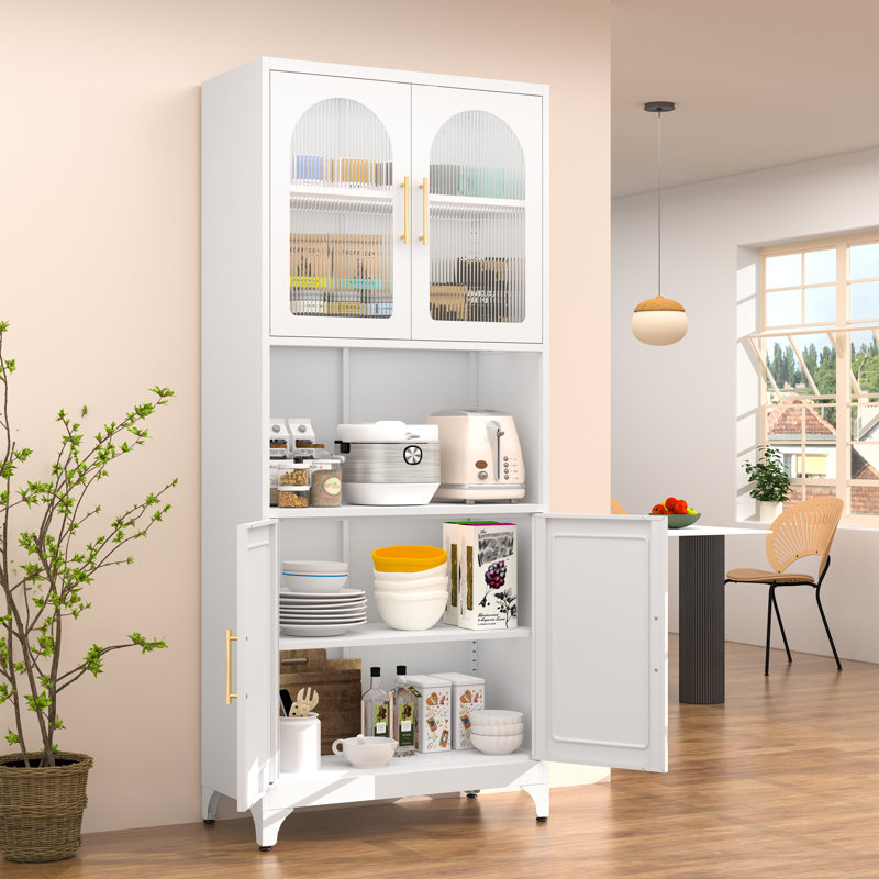 Kitchen Pantry Cabinet With Acrylic Glass Doors, 75" Freestanding Food Pantry With Countertop, Adjustable Shelves, Metal Cabinet For Living, Dining Room, White, Assembly Required