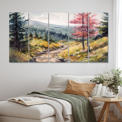 Little Road In Mountain Landscape IX - Forest Wall Art Living Room - 5 Equal Panels