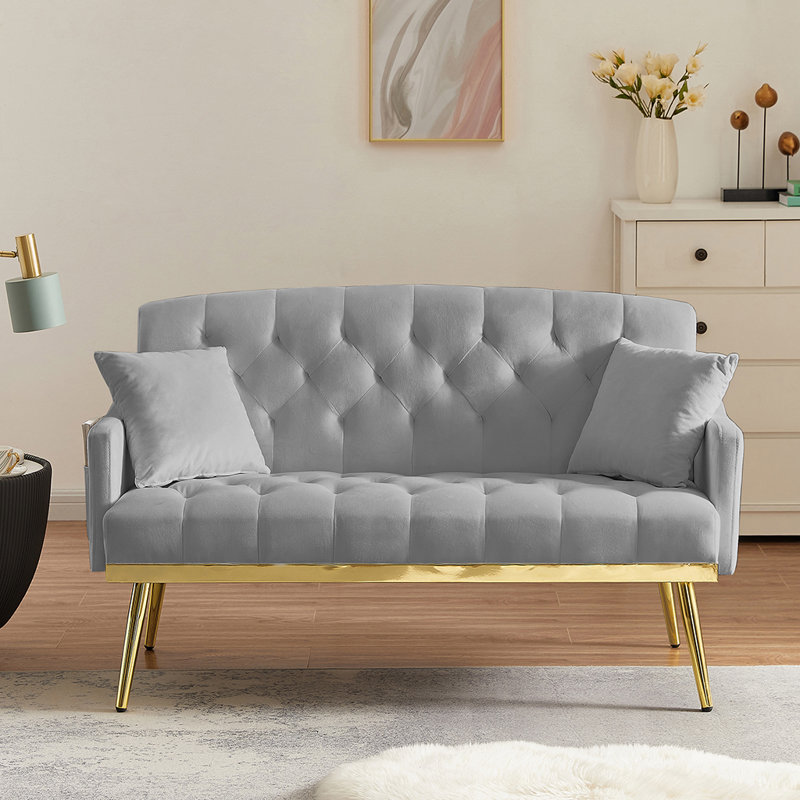 2 SEATER SOFA,Tufted Sofa with 2 Pillows, Accent Sofa, Gray Velvet