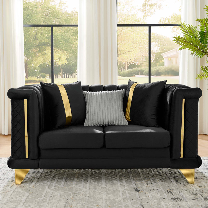 Causeuse en velours de luxe avec garnitures en acier inoxydable et capitonnage brodé, Noir