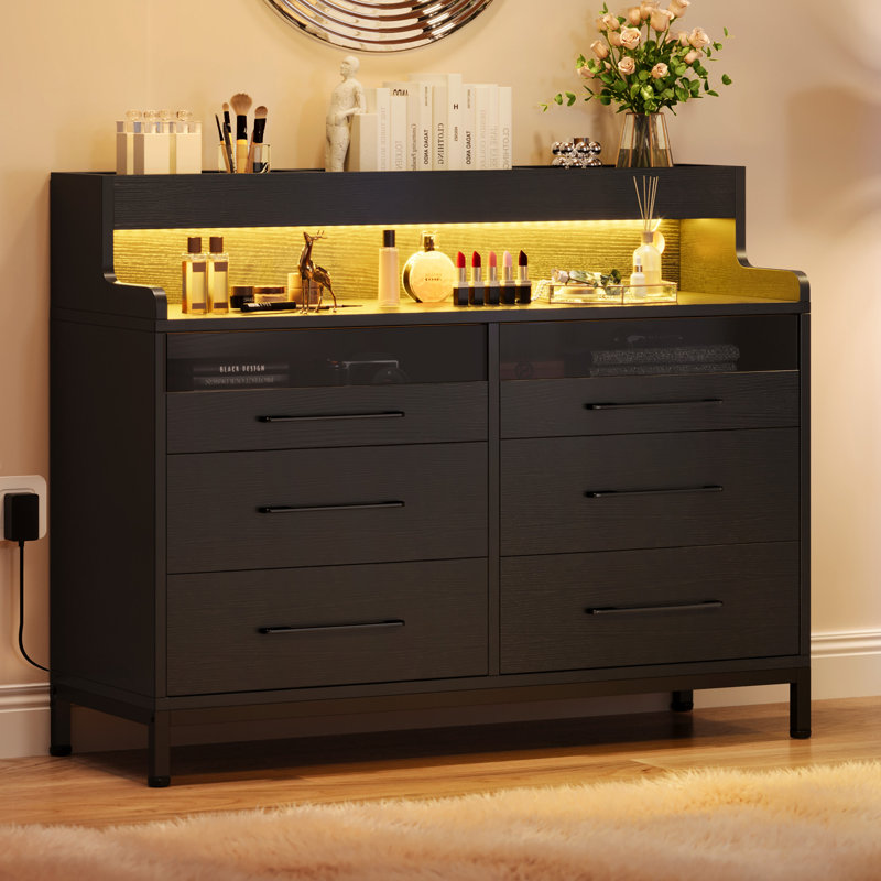 Brazoban Wood Acrylic Accent Cabinet with 6-Drawers and Colorful LED Light, Black