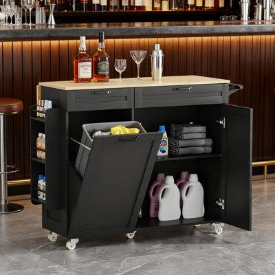 Rolling Kitchen Island Cart With Power Outlet & Drop Leaf, Mobile Prep Table With Trash Can Storage, Spice Rack, Towel Bar & Knife Holder For Additional Counter Space