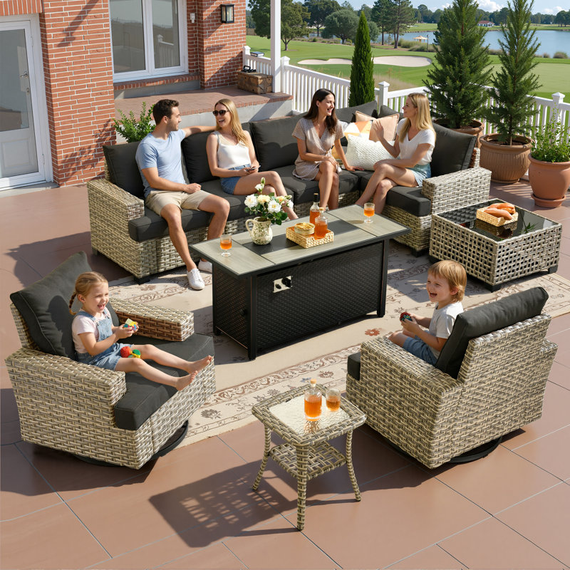 Canapé d'extérieur 10 pièces avec poêle et table basse, taille profonde et coussin épais, Noir