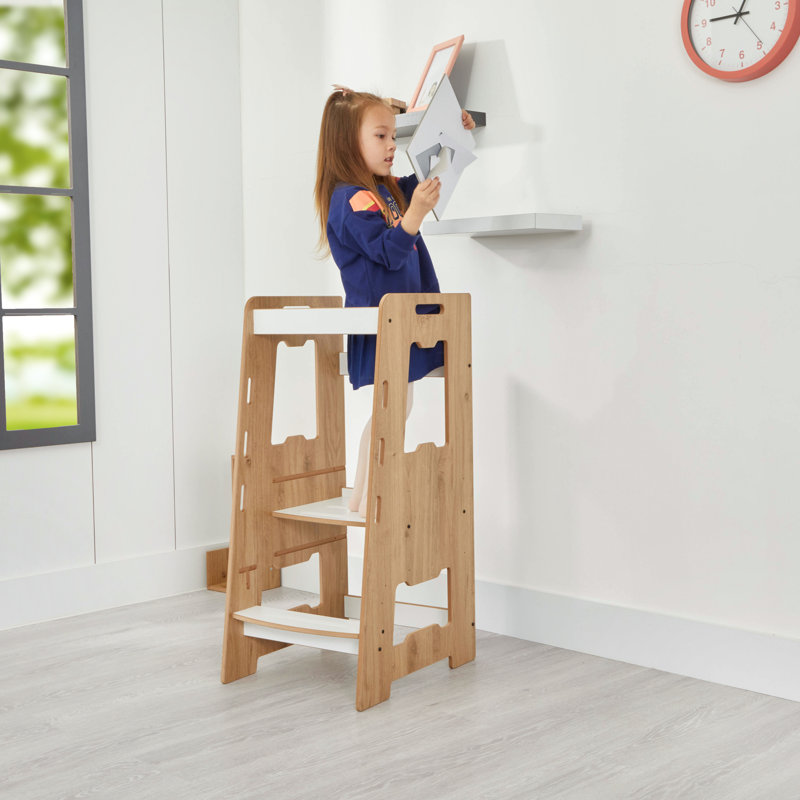 Kitchen counter kids Adjustable 2 Step Stool, White/Natural Wood Grain