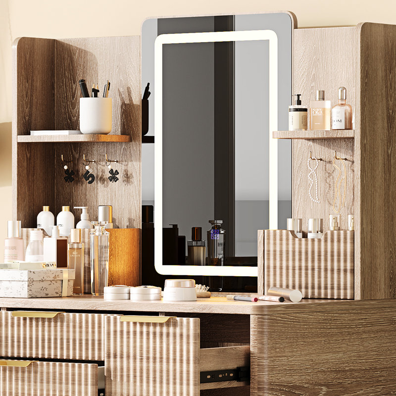 Bureau à 4 tiroirs avec miroir à DEL, panneau cannelé et rangement pour bijoux, miroir de salle de bain avec miroir à gradation continue, poignées en métal, construction lisse