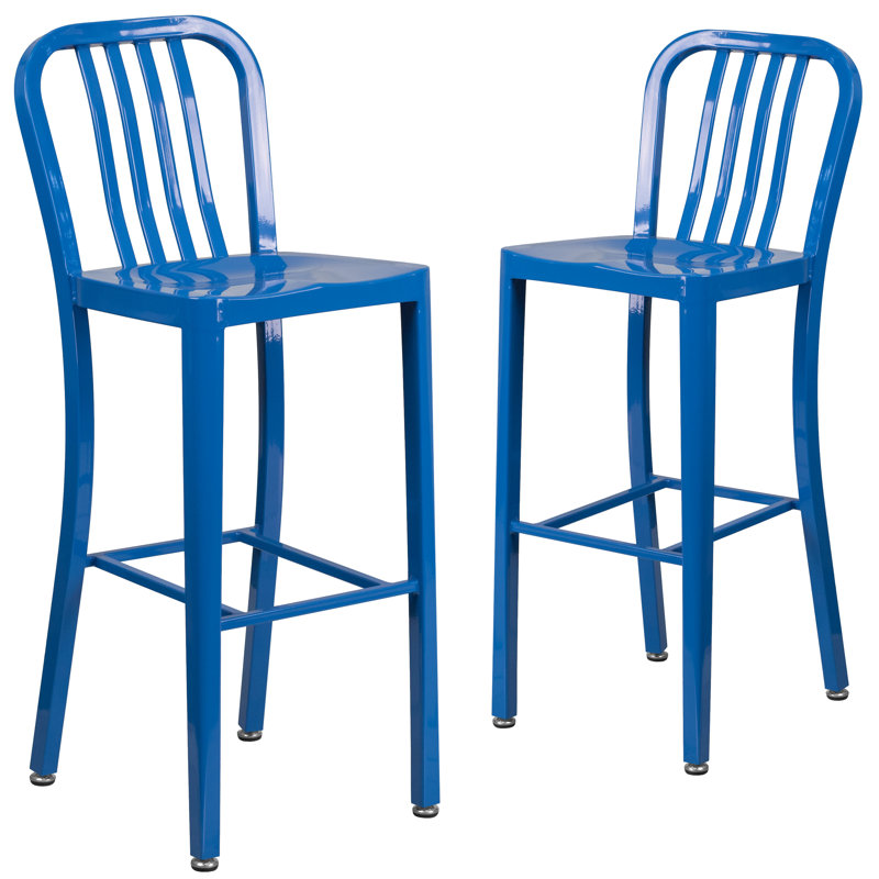 Commercial Grade Metal Indoor-Outdoor Stool with Vertical Slat Back, Blue, Bar Stool (76cm Seat Height)