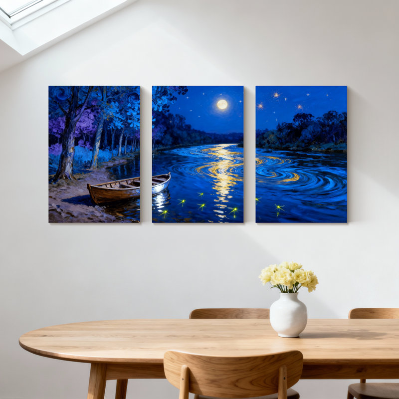 Abstrait au clair de lune, bateau de nuit, paysage, étoiles scintillantes, ensemble de 3 impressions sur toile