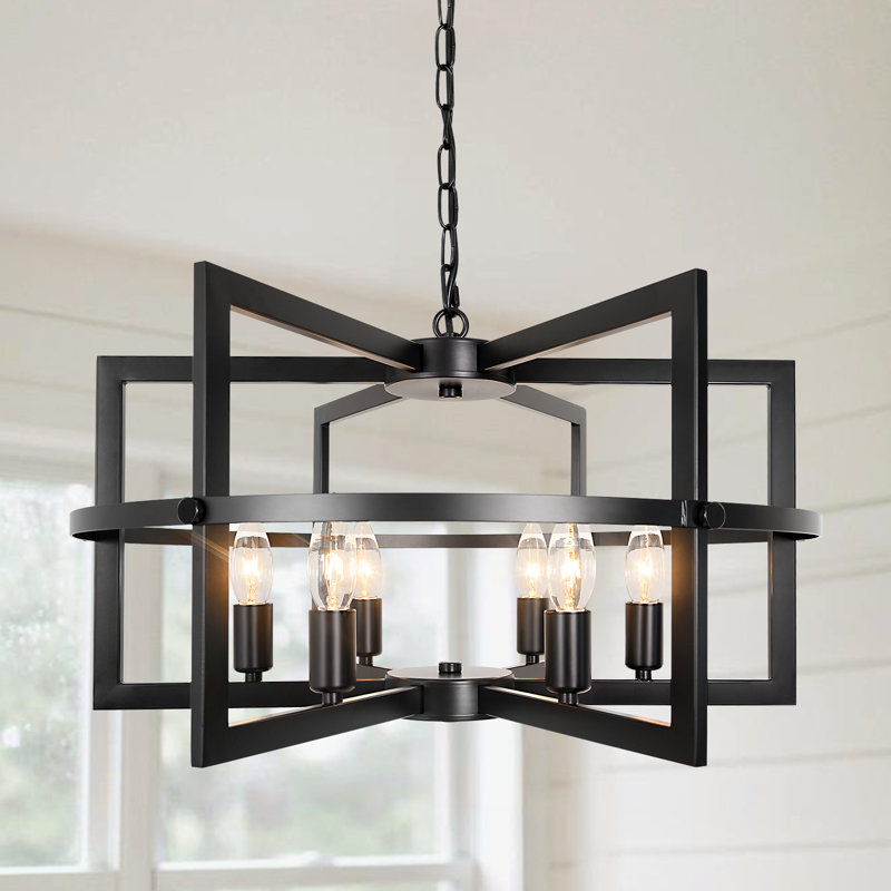 Modern Industrial 6-Light Black Geometric Metal Pendant Light For Dining Room, Matte Black