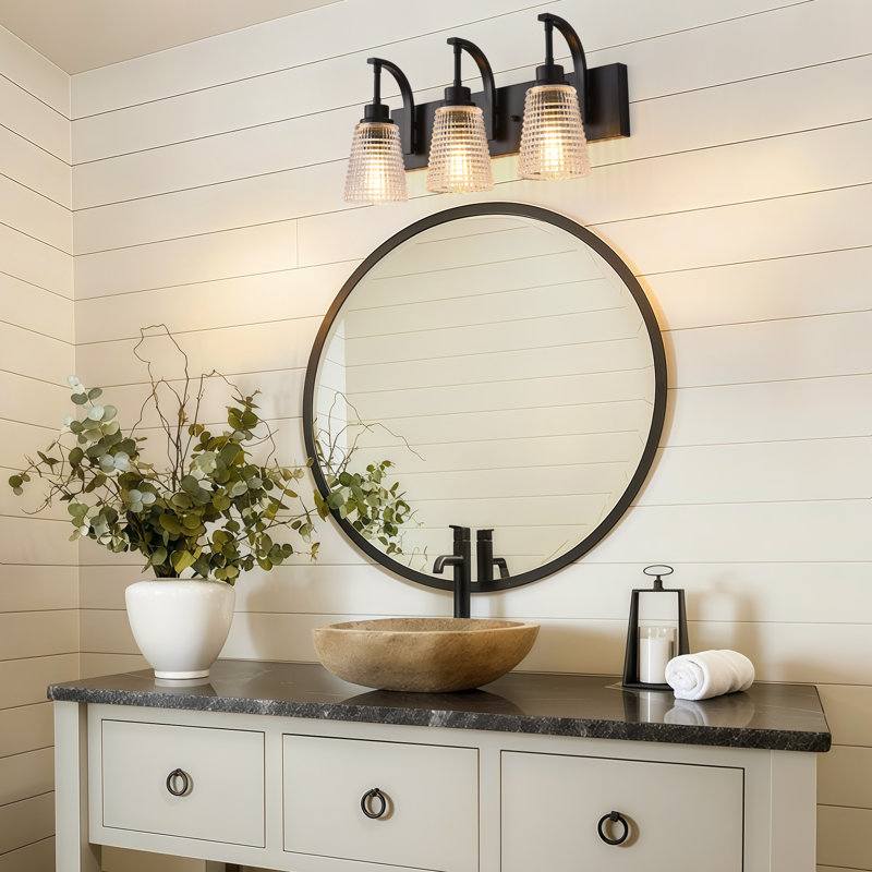 3-light Bathroom Light Fixtures, 20" Farmhouse Black Vanity Lights For Bathroom With Ribbed Glass Shade,vintage Bathroom Vanity Lighting Fixtures Over Mirror For Bedroom Living Room Hallway