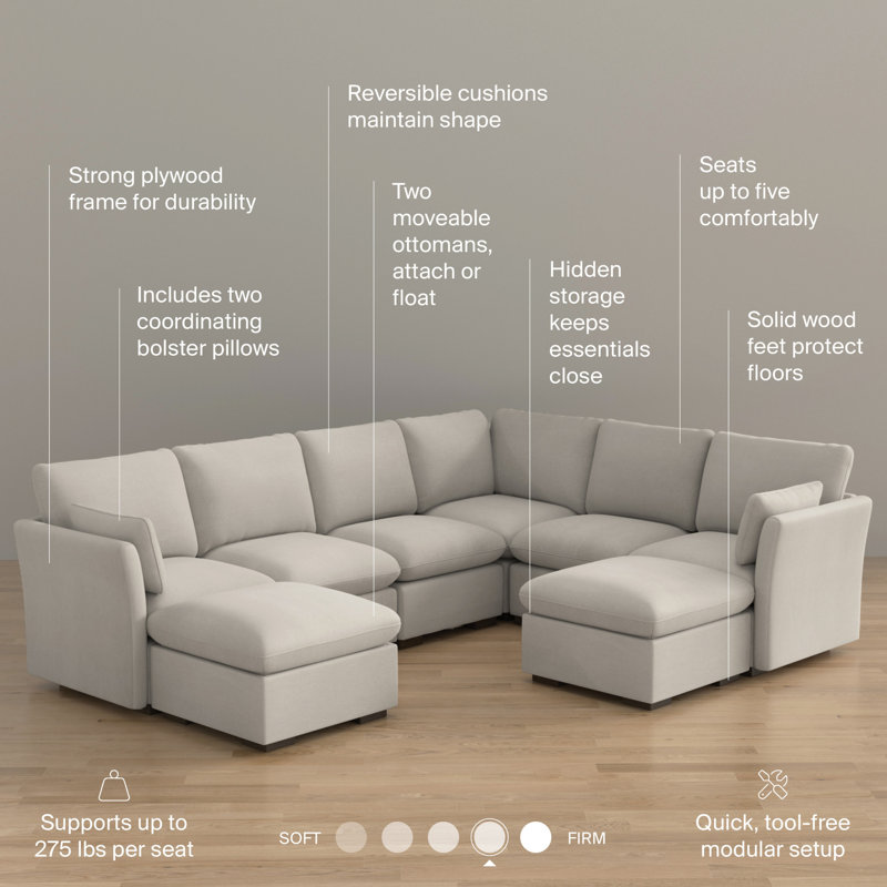 Canapé modulaire à 5 places avec ensemble de 2 repose-pieds de rangement Stedman, meubles de salon, Polyester taupe brume
