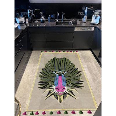Figure-Themed Multi-Coloured Fringed Woven Base Rug