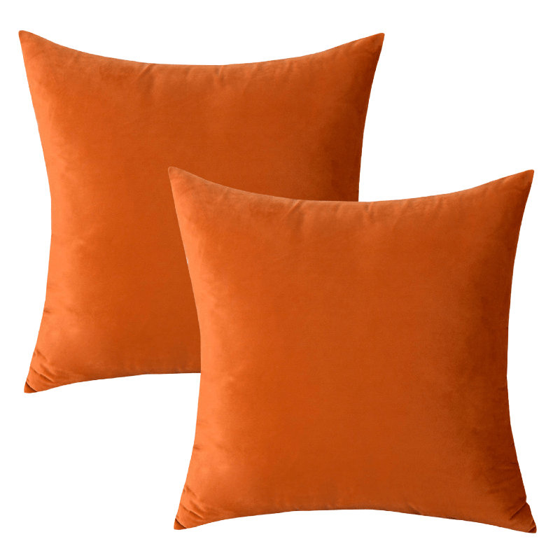 Ensemble de 2 housses de coussin en velours de couleur unie, Orange, H 18 po x l 18 po