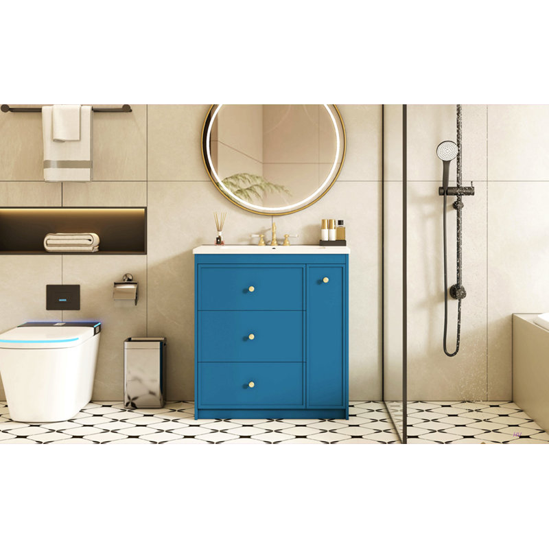 Meuble-lavabo 30 po avec lavabo en céramique, meuble-lavabo simple autoportant avec quatre tiroirs, meuble de rangement moderne pour la salle de bain, idéal pour la maison