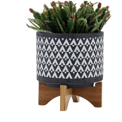 Ceramic 8" Aztec Planter On Wooden Stand, Gray