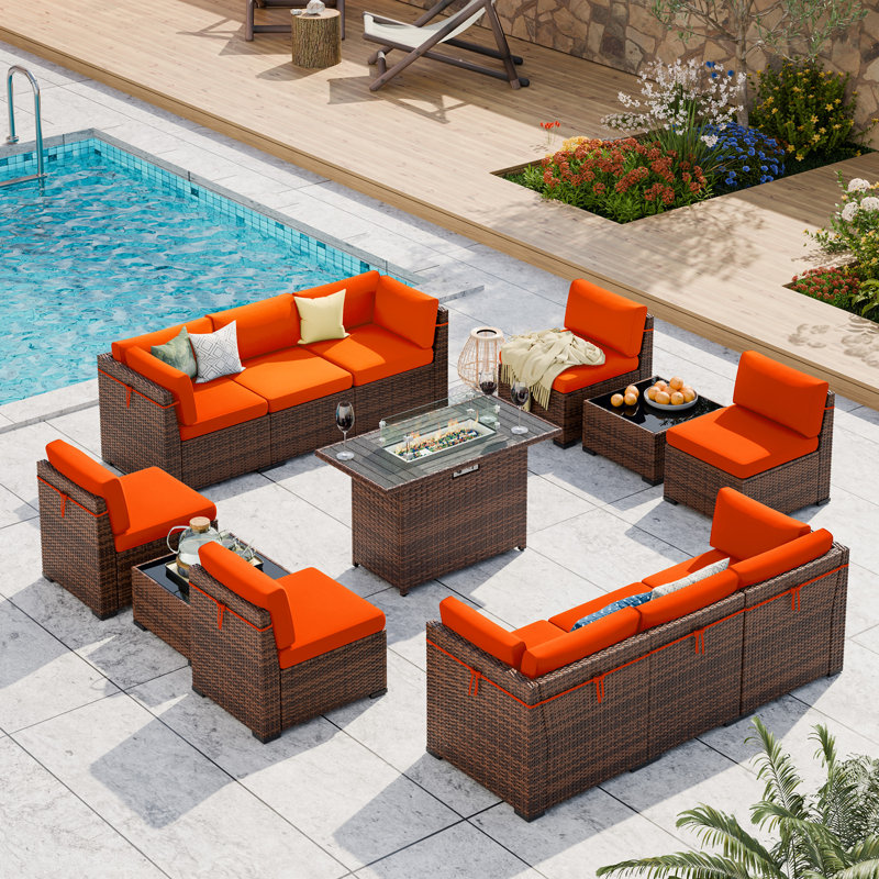Ensemble de conversation modulaire en rotin pour l'extérieur avec table pour foyer 10 personnes, Orange, 10