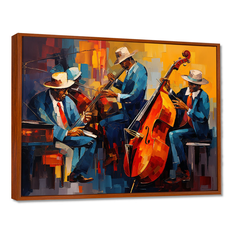 Cool Jazz Quartet - Musician Wall Art For Living Room, Toile avec cadre flottant brun, H 30 po x l 40 po x P 1,5 po