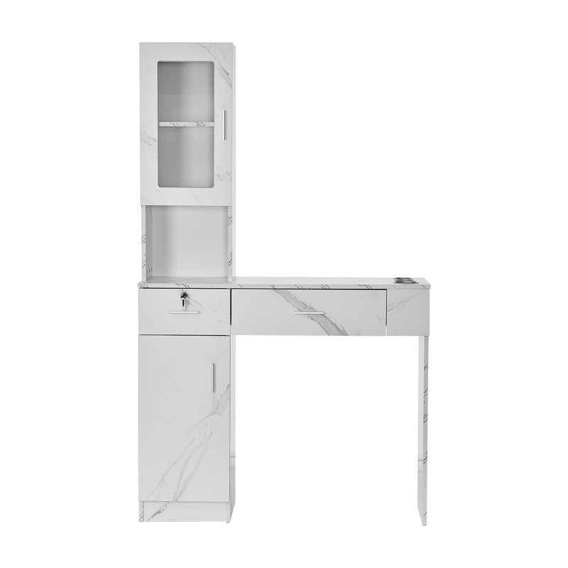 Poste de travail de salon, unité murale pour les professionnels de la coiffure, solution de rangement de style spa, comprend 1 armoire, 3 tablettes, 2 tiroirs (1 avec serrure), en blanc