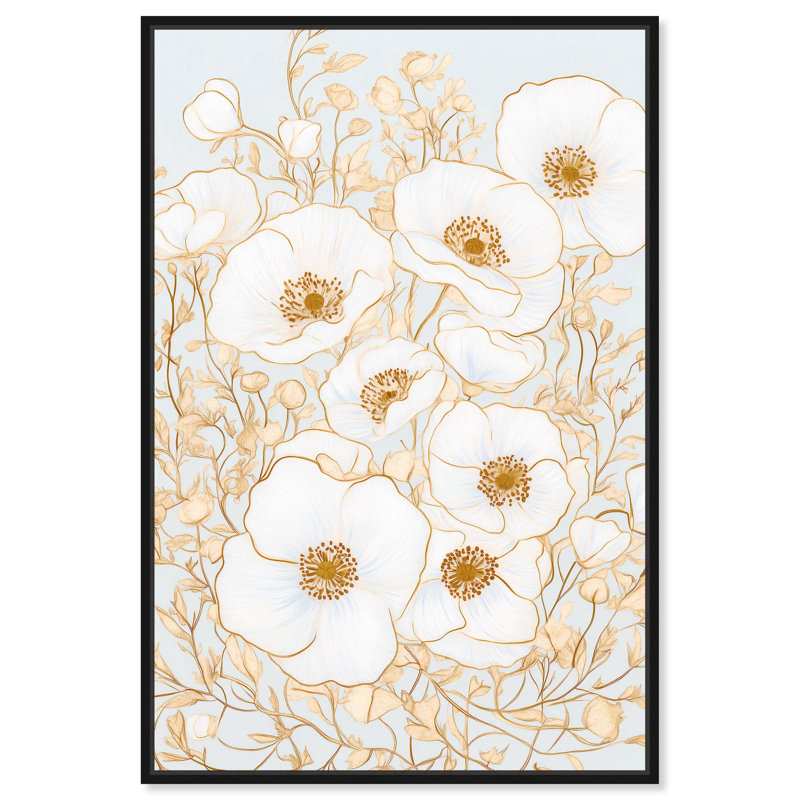 «White and Gold Poppies I», art floral élégant par , H 16 po x l 11 po, Cadre flottant noir